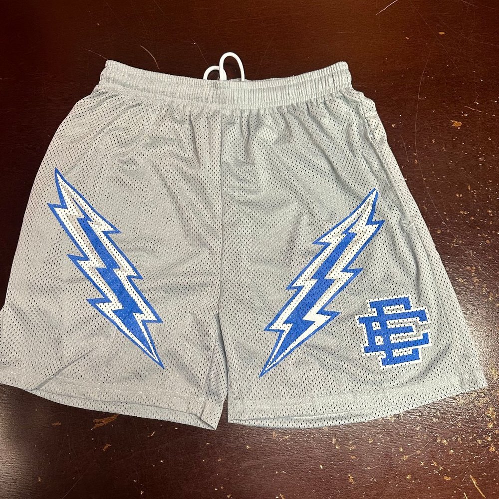 EE Mens Gray Lightning Bolt Elastic Waist Drawstring Mesh Athletic Shorts Size L